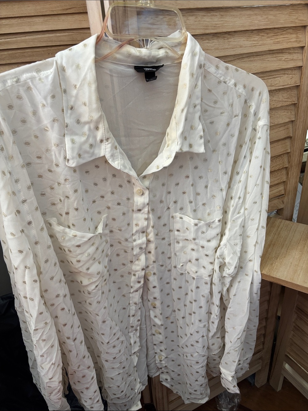 Sheer Cream Button-Down Shirt with Gold Dot Accents XXL